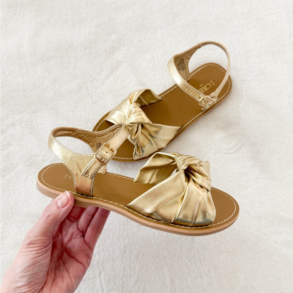 J.Crew Gold Bow Sandals Metallic Ankle Strap Flat Sandals Size 1